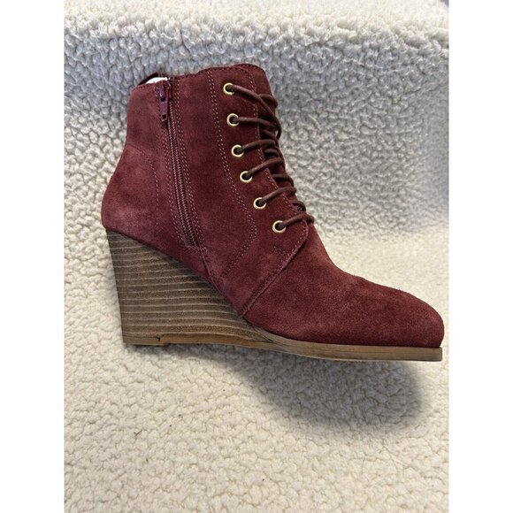 Diba Blake Suede Leather Bootie Burgundy Ankle Boot Lace Up Wedges Size 6 - Picture 3 of 7